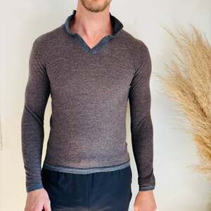 MENS ROBERT BARAKETT Brown Navy Blue Open Collar Knit $195 Sweater Shirt Top S